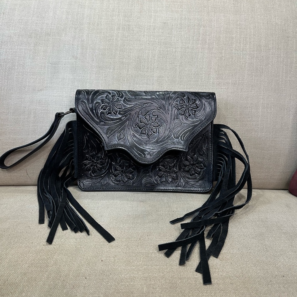 Intricate Black Leather Wristlet with Fringe